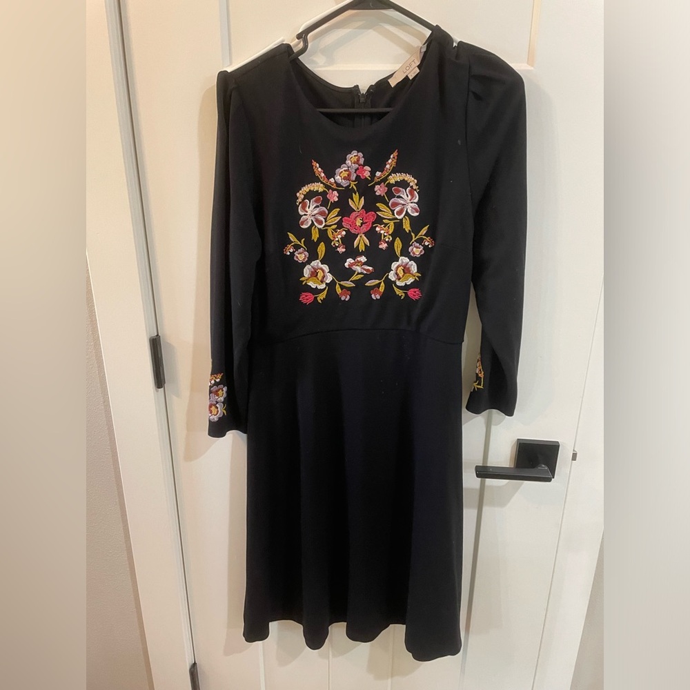 Loft Black Embroidered Dress Size 8